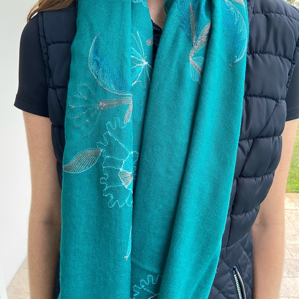 GSK teal shawl, made in India, 100% wool, scarf wrap pashmina, embroidered